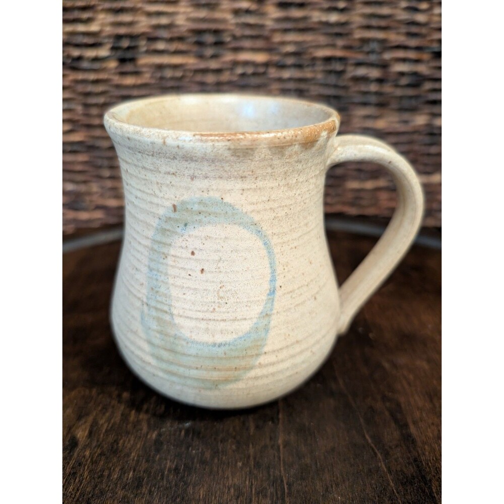 Studio Pottery Drip Glaze Coffee Mug Clay Beige Tan Blue Minimalist Cozy O Tea